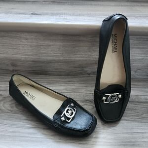 Michael Kors Black Leather MK Logo Charm Loafers Flats